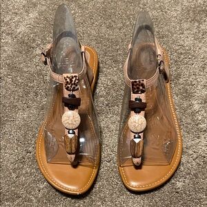 Clarks Tan Sandals with Animal Print and Bead Details- Leather Upper